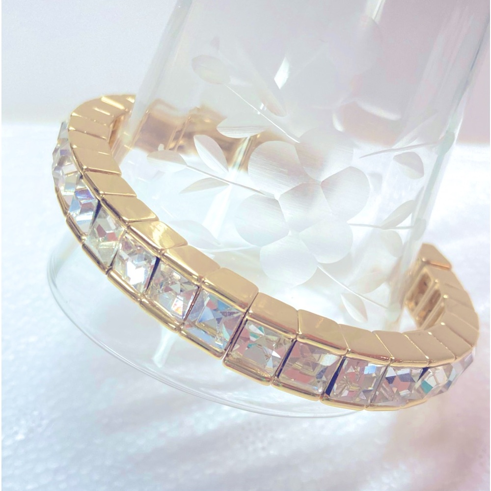Square Princess Cut Clear Rhinestones Channel Set Cuff Bangle Bracelet LARGE